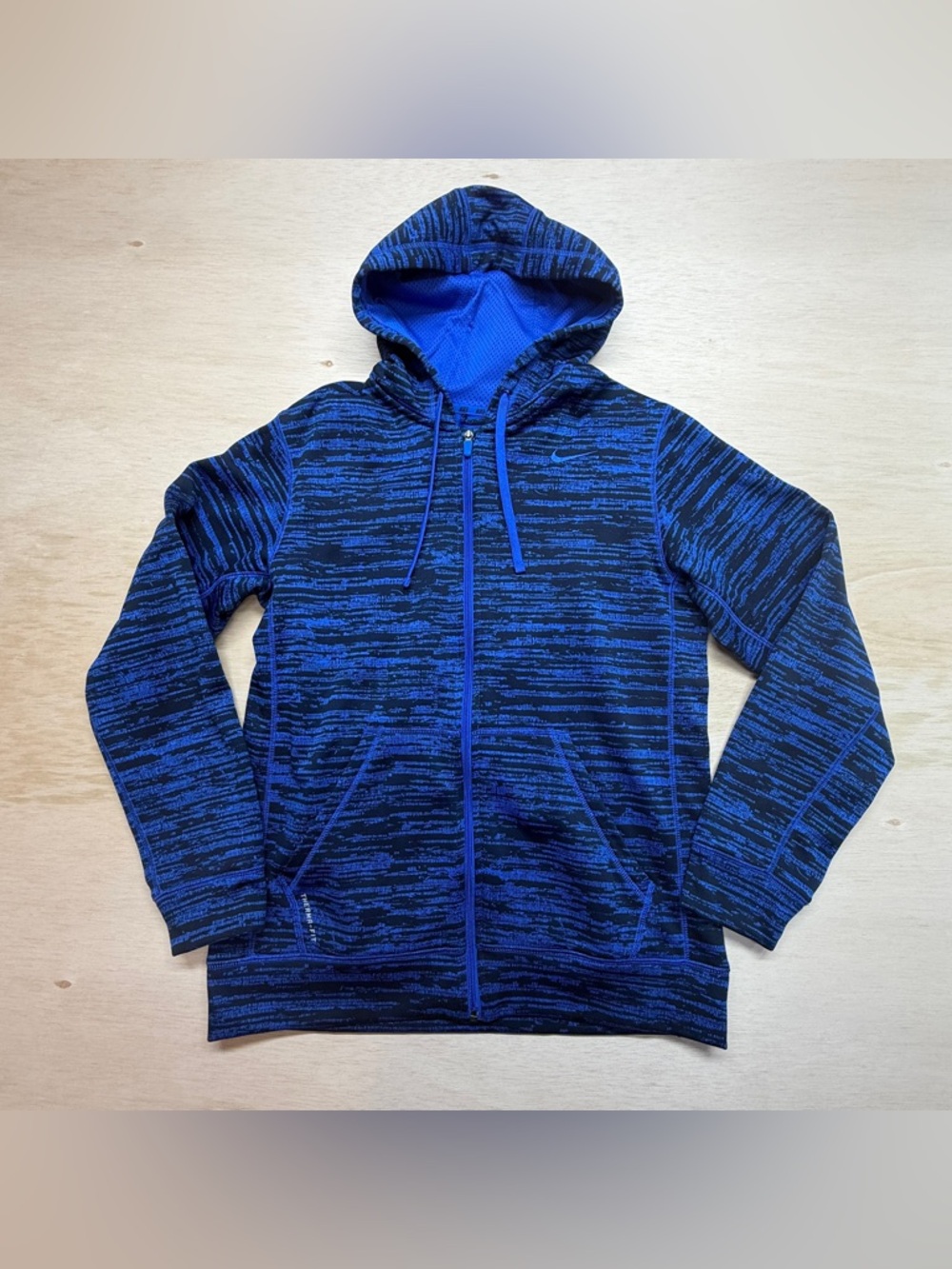 NIKE MENS Full Zip MEDIUM HOODIE JACKET BLACK BLUE FLEECE SWEAT THERMA-FIT